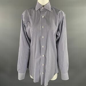 HAMILTON Size S White Navy Stripe Cotton Spread Collar Long Sleeve Shirt
